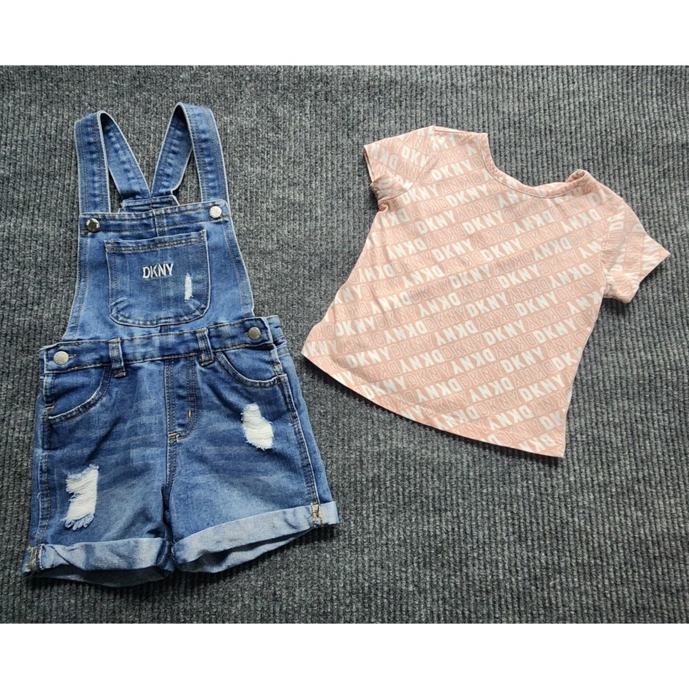 DKNY Overall Denim Jean Shorts with Pink "DKNY" logo top Girls Size 4